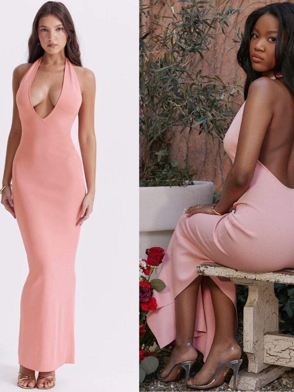 HOUSE OF CB 'Camelia' Apricot Pink Plunge Maxi Dress